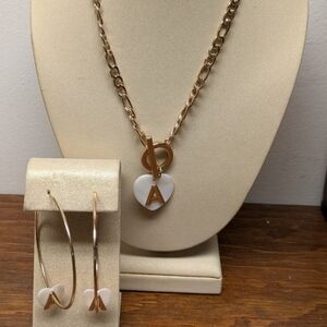 Initial A Heart Necklace & Hoop Earrings Set Gold Tone NWT 2 pc set